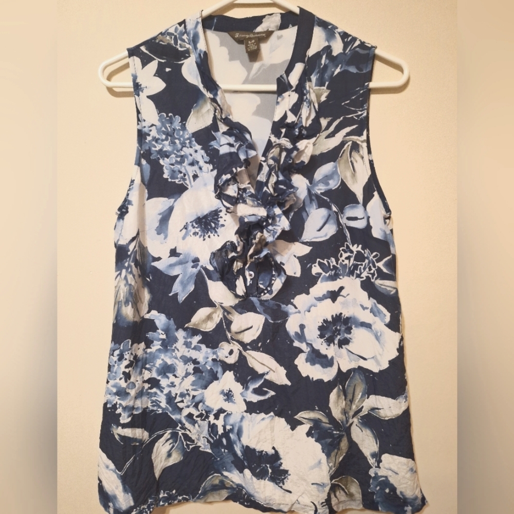Tommy Bahama Silk Blend Floral 1/4 button V-neck Ruffle Sleeveless top